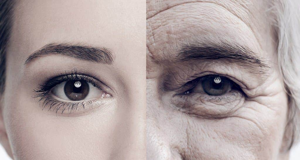 Cropped composite image of the area around a woman's eye when she was young and old