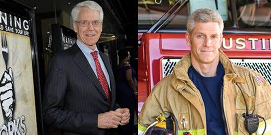 The left of two photos is Dr. Caldwell Esselstyn at the premier of Forks Over Knives. On the right, his son, firefighter Rip Esselstyn