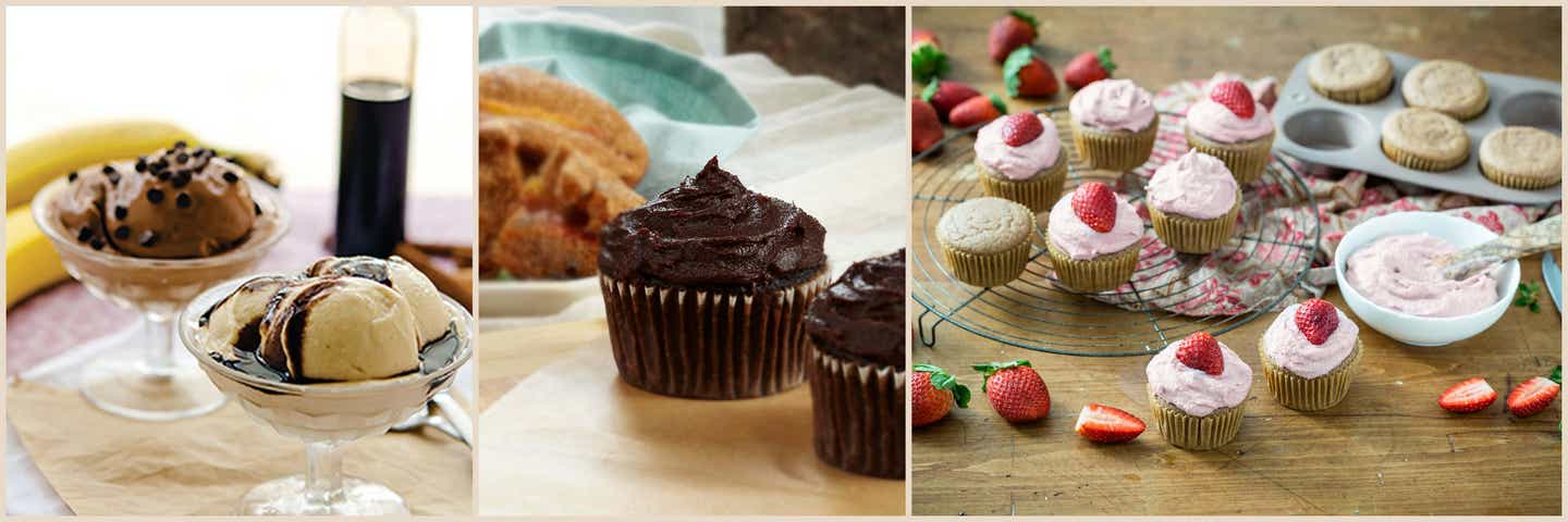 Three vegan desserts: nice cream with chocolate sauce, chocolate cupcakes and strawberry cupcakes