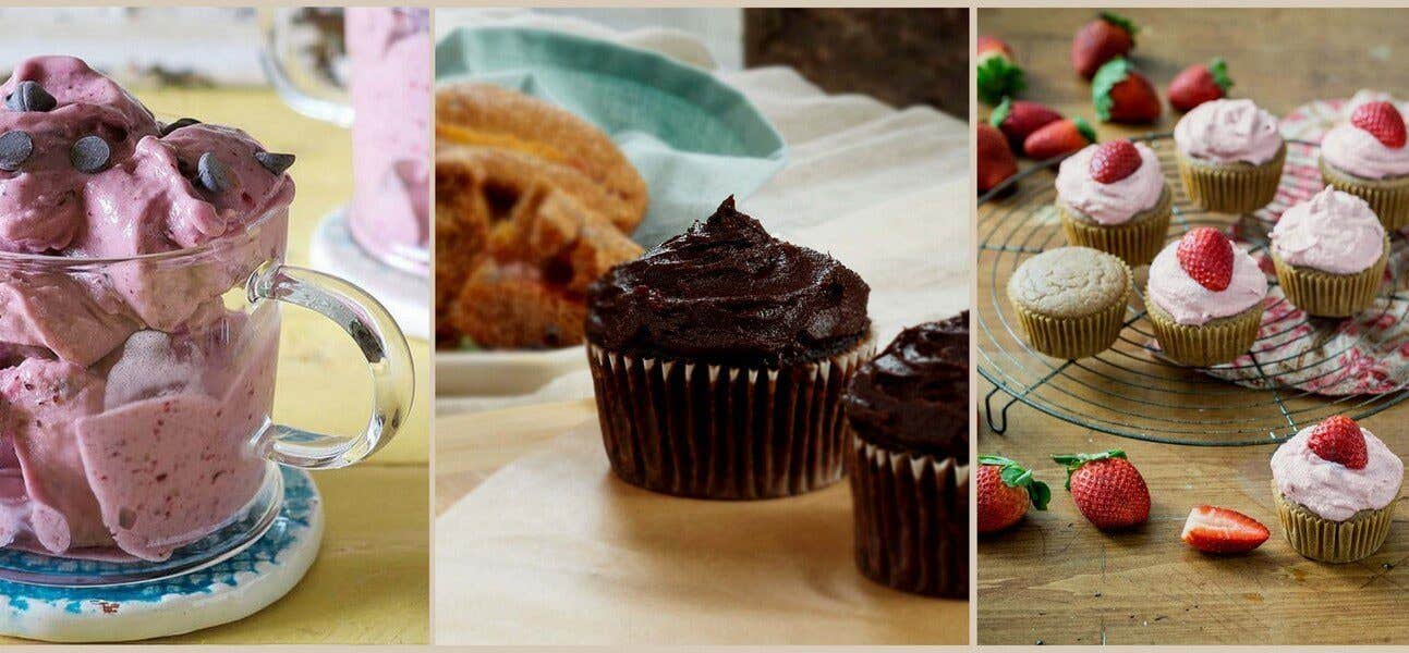 Three vegan desserts: soft serve nice cream, chocolate cupcakes and strawberry cupcakes