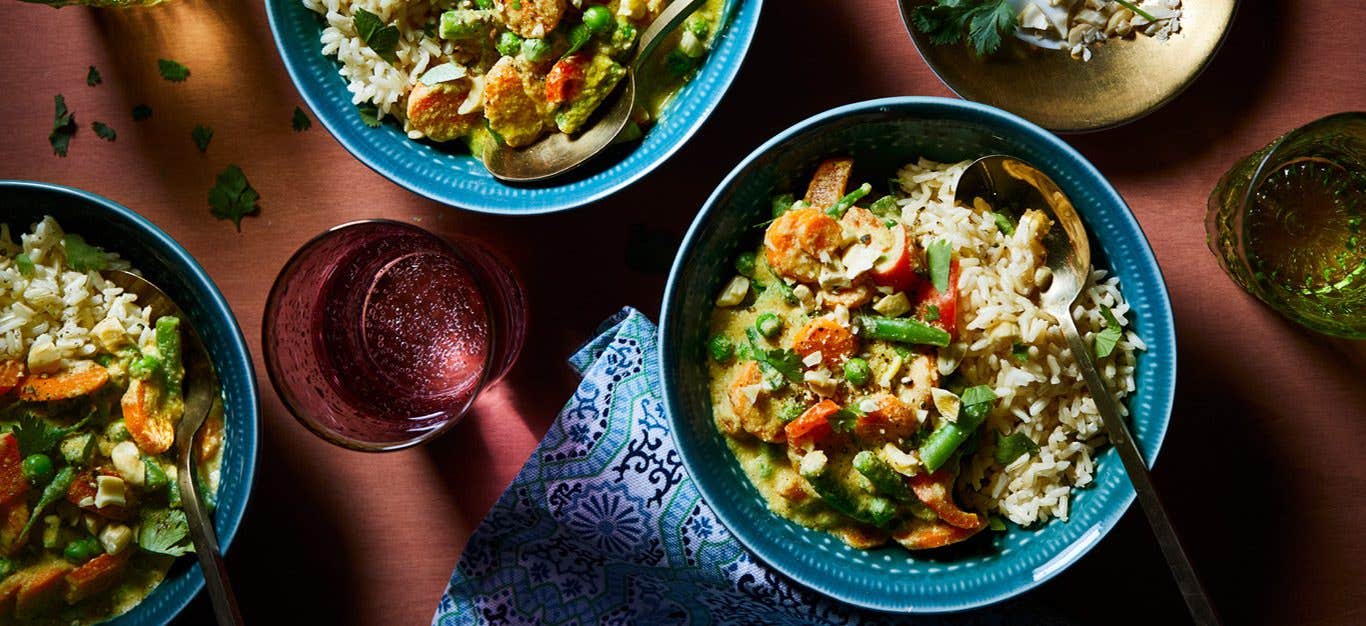 Three bowls of Vegan Vegetable Korma