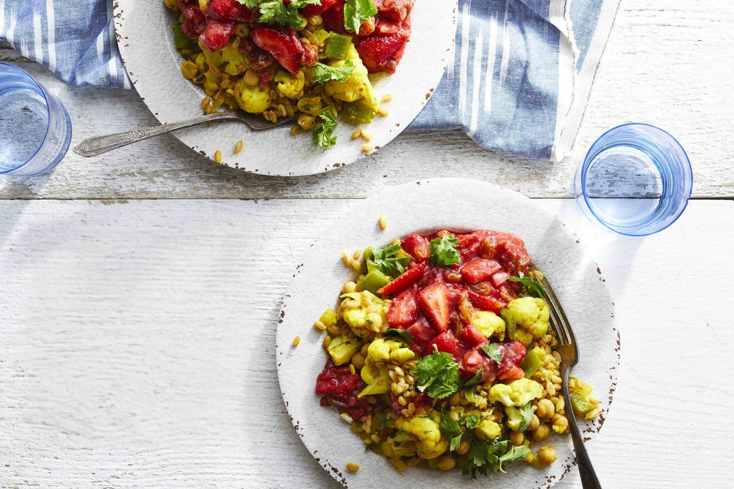 Strawberry Chutney with Curried Garbanzo Beans and Farro 