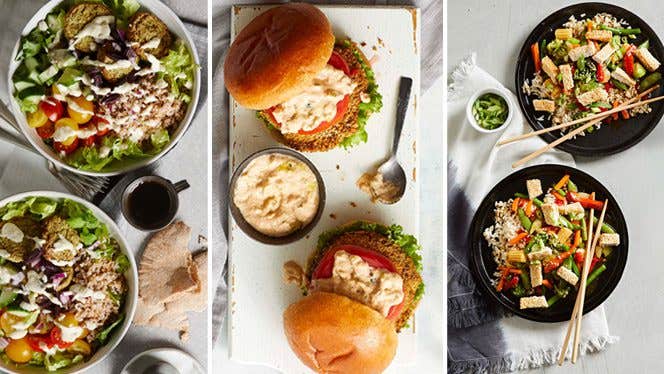 three photos of air-fryer recipes shown side by side -- a greek salad, burgers, and crispy tofu stir-fry