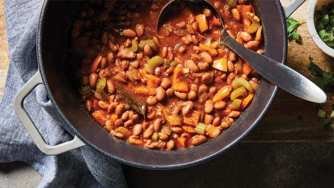 Spicy Beans and Rice in a cast iron skillet