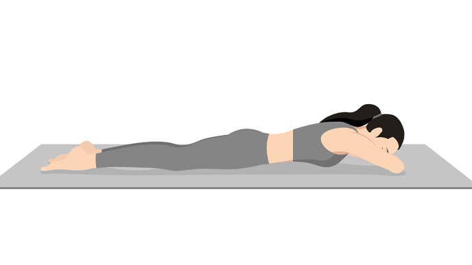 Illustration of a woman in Crocodile Pose (Makarasana)