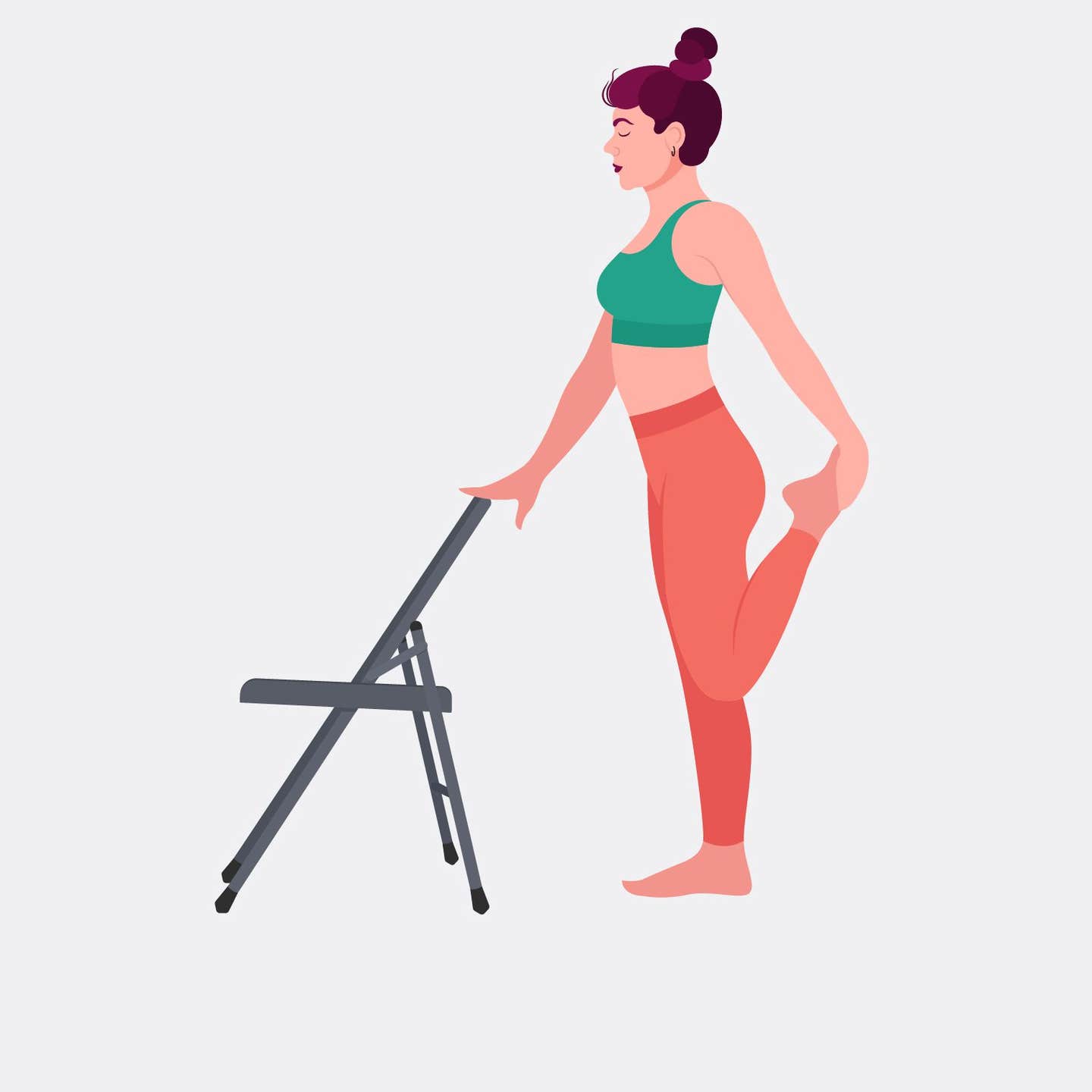 illustration of woman standing behind a chair doing a quad stretch