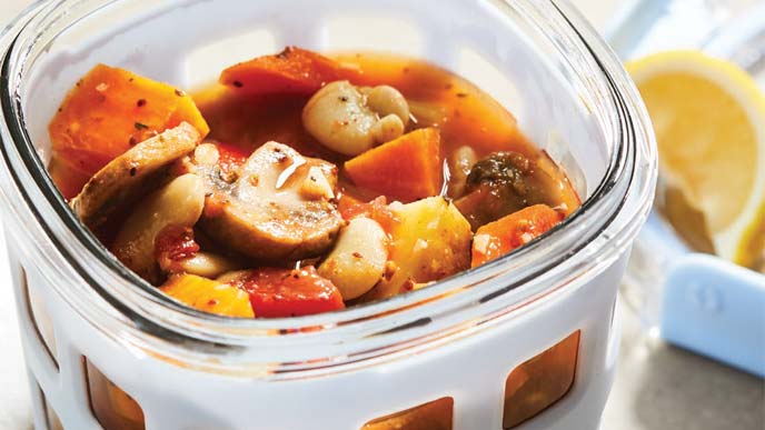 Italian-Style Veggie Stew in a plastic square tupperware
