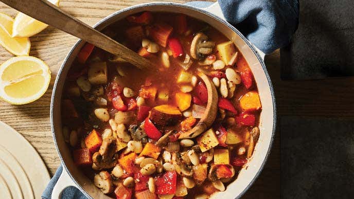 Italian-Style Veggie Stew in a ceramic Dutch oven